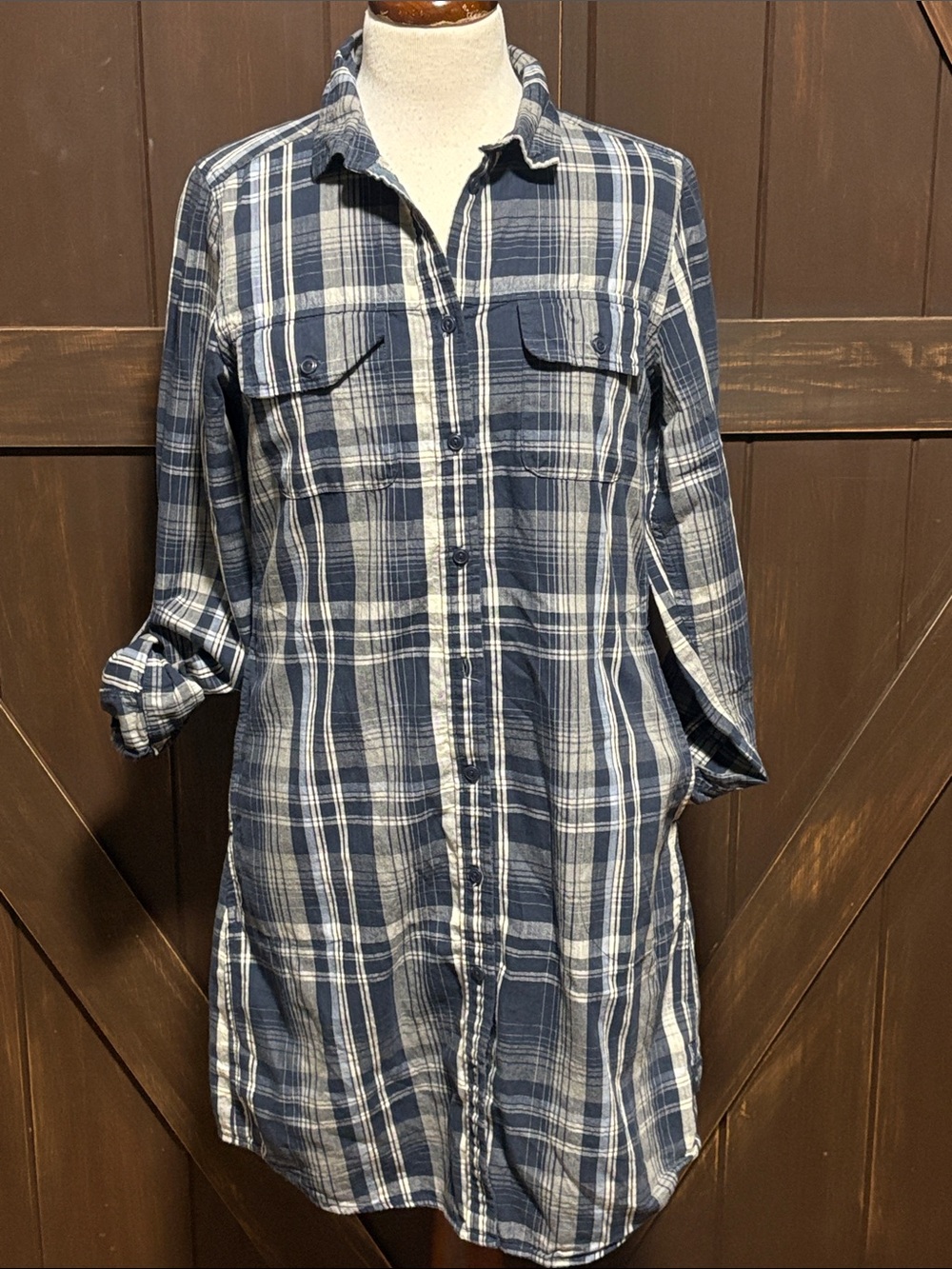 The North Face Navy and White Plaid Long-Sleeve Shirt Dress